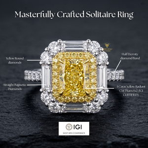 Bague de fiançailles de luxe en diamant jaune vif fantaisie, diamants de laboratoire taille radiant avec diamants baguette, bague éternité en diamant - Product Image 2