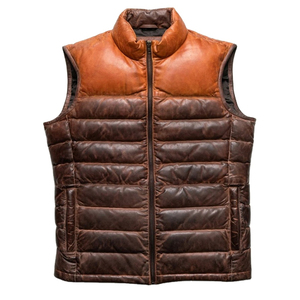 Men's Genuine Leather <b>Quilted</b> Vest Stand Collar Zipper Front Windproof Breathable <b>Winter</b> Casual Solid Color Polyester Jacket - Product Image 1