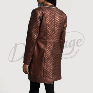 Premium Women Metallic Copper Real Leather Coat <b>Quilted</b> Diamond <b>Pattern</b> Slim Fit Sheepskin Long <b>Jacket</b> Collarless Elegant Blazer - Product Image 2