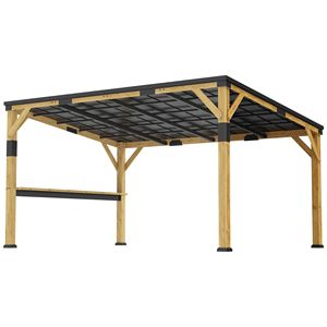 Pérgola de Madera Natural de 10 x 14 con Techo Inclinado de Acero Galvanizado, Estante de Barra y Elegante Toldo de Madera - Product Image 1