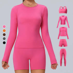 Ensemble de vêtements de sport pour femmes en 4 pièces, rose, soutien-gorge de sport extensible, veste zippée, haut court et leggings, coupe ajustée, vêtements de fitness - Product Image 4