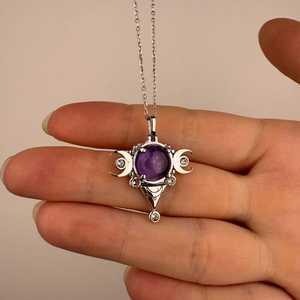 Triple Moon Amethyst Pendant 925 Silver Bezel Setting Vintage Neo Gothic Hecate Charm Unisex Engagement Jewelry Everyday Wear - Product Image 6