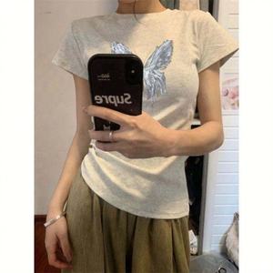 T-shirt court en coton pour femme, coupe ajustée, manches courtes, décontracté, basique, style Y2K, mignon, doux, extensible, pour l'été, streetwear - Product Image 2
