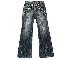 <b>Men's</b> High Waist <b>Flare</b> <b>Jeans</b> Distressed Ripped Gothic Style Button Fly Midweight Woven Cotton Spring Wear - Product Image 1