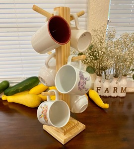 Wholesale Hot Sell Handmade Natural Bamboo Tree Shape Eco-Friendly Mug Holder <b>Rack</b> with Custom Welcome wooden mug holder - Product Image 1