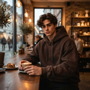 Sweat-shirt à capuche oversize marron brodé pour homme, style streetwear, en molleton personnalisé, vêtements OEM - Product Image 4