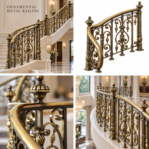Luxury Curved Ornamental Metal <b>Stair</b> <b>Railing</b> with Bronze Scrollwork Balusters for Grand Villas Hotels and Interiors - Product Image 5