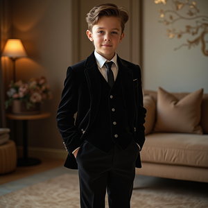 Boys Black Velvet Tuxedo Suit 3 Piece Set | Formal Blazer, Vest & Trousers | <b>Kids</b> Wedding Party Suit | <b>Ring</b> Bearer Outfit - Product Image 2