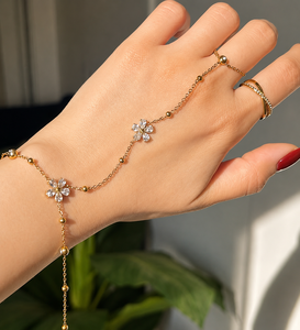 Elegant Floral Ring <b>Bracelet</b> for Women Gold Hand Chain <b>Bracelet</b> with Crystal Flower Design <b>Adjustable</b> Finger <b>Bracelet</b> Jewelry - Product Image 1