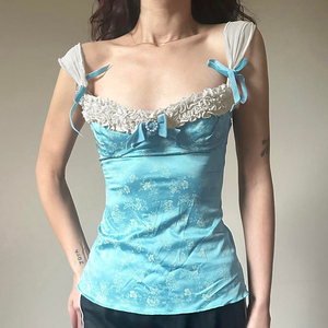 New Style Floral Print Tank <b>Top</b> Plus Size Women's Ruffled Collar With Ribbons Spring Fashion <b>Blue</b> Woven Fabric - Product Image 4
