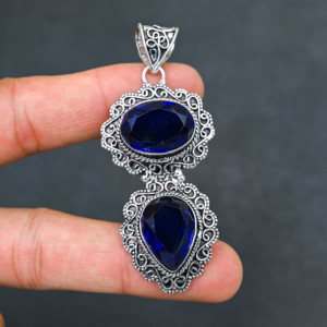 <b>Top</b> Quality Sparkling LAB-CREATED London Blue Topaz Solid 925 Sterling <b>Silver</b> Plated Designer 2.20" Pendant Women's Wholesale - Product Image 1