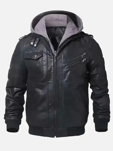 Veste bomber en cuir noire à capuche pour homme - Product Image 1