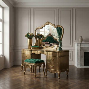 Ensemble <span class=keywords><strong>de</strong></span> coiffeuse <span class=keywords><strong>de</strong></span> luxe en bois massif <span class=keywords><strong>de</strong></span> style baroque français pour suite présidentielle <span class=keywords><strong>de</strong></span> complexe hôtelier, avec finition en feuille d'or personnalisée, mobilier d'équipement hôtelier (FF&E) OEM - Product Image 5
