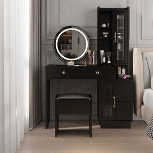 Modern Teak <b>Makeup</b> Vanity Table Set with LED <b>Mirror</b> Retractable Dressing Power Outlets 3 Light Colors Side Cabinet - Product Image 1