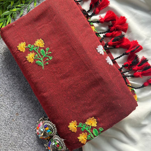 Traditional Indian Khadi Cotton <b>Saree</b> with Flower Embroidery Moisture Wicking & Wrinkle Free All Seasons Women's Wear - Product Image 1