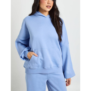 Women Blue Matching Sweatsuit Set | Oversized Hoodie Wide Leg <b>Pants</b> Wholesale Custom Women Activewear Set Sky Blue Hoodie Sweat - Product Image 4