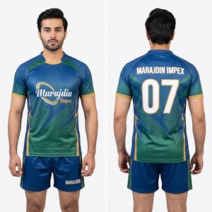 Uniforme de rugby personnalisé, maillot de rugby à sublimation dorée, tenue d'équipe dégradée, ensemble maillot et short de rugby, fabricant d'uniformes sportifs pour hommes - Product Image 1