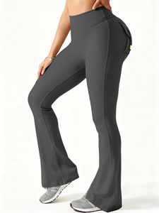 Women High Waist <b>Flare</b> <b>Leggings</b> Grey Yoga Pants Bootcut Workout Fitness Activewear Stretch Trousers - Product Image 3