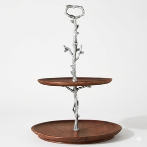 Support à gâteau moderne à 2 niveaux en bois de manguier et métal doré, élégant support rond en bois pour cupcakes et présentoir à desserts pour table de cuisine - Product Image 6