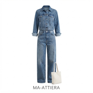Women Blue Denim Jacket And Straight Leg Jeans Set Casual Two Piece Matching Denim Outfit <b>Streetwear</b> Fashion Clothing - Product Image 3