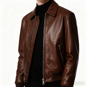 OEM Men's High Quality Genuine Leather Casual Eco-Friendly Waterproof Embroidered Front Zipper Closure Letter Pattern <b>Jacket</b> - Product Image 1