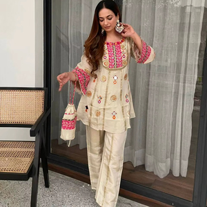 Exclusive And Trendy Co-ord <b>Set</b> For Wedding Season With Mirror And Sequence Embroidered Top And Plazzo - Product Image 1