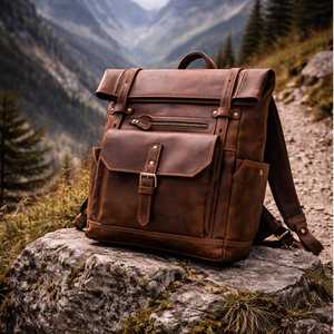 High Quality Leather <b>Roll</b> Top <b>Backpack</b> Handcrafted Cowhide Travel Bag Unisex Vintage Rucksack Cotton Zipper Low MOQ Price - Product Image 5