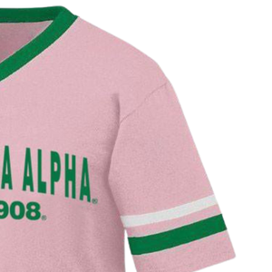Camiseta Casual de Sorority AKA Boyfriend Style Founders Jersey Rosa Claro Verde con Cuello en V y Manga a Rayas - Product Image 4