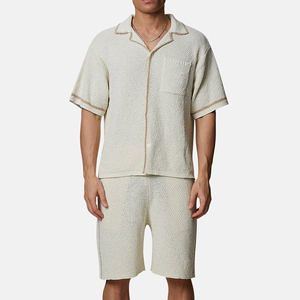 <b>Men's</b> Cream Cotton <b>Pajama</b> <b>Set</b> Short Sleeve Shirt And Bermuda Shorts Solid Color Casual Breathable Woven Fabric With Pockets - Product Image 2