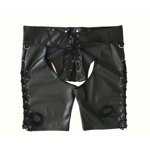 Men's Black Sexy Tight <b>Pu</b> Leather <b>Shorts</b> Solid Pattern Casual Faux Front Bandage Drawstring Closure High Waist Eco-Friendly - Product Image 4