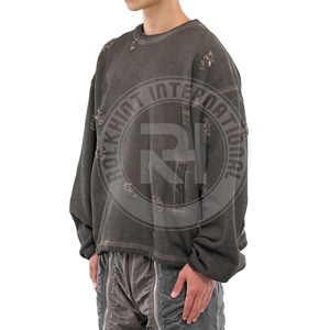 Sweat-shirt ras du cou effet vieilli, noir et camel, en molleton de coton épais, personnalisable avec logo, style streetwear, vente en gros - Product Image 3