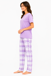Womens Purple Pajama Set Soft Cotton Sleepwear Casual Night <b>Suit</b> Comfortable Lounge Wear Short Sleeve <b>Pyjama</b> Co Ord Set Plaid - Product Image 2
