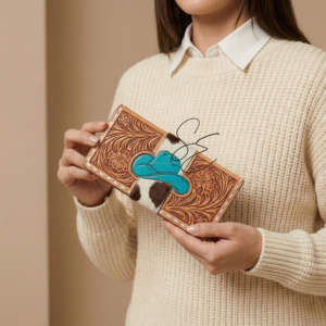 Cartera de Cuero Genuino Hecha a Mano con Diseño Floral, Sombrero Vaquero de Nailon Turquesa, Bolso de Mano con Cremallera Estilo Western para Mujer, Uso Diario - Product Image 1