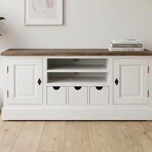 Commode Aderty en teck massif, 7 tiroirs, finition naturelle écologique, style moderne, pour chambre, appartement, salon, meuble console multimédia - Product Image 2