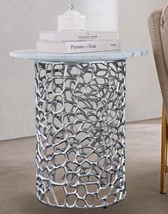 Contemporary Round <b>Side</b> <b>Table</b> With Marble Top And <b>Silver</b> Metal Base Indoor Home Decor Accent Piece - Product Image 1