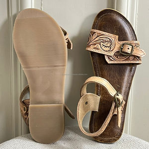 Sandalias de Punta abierta marrón para mujer, chanclas informales de cuero con estilo occidental, auténticas, hechas a mano, calzado de flores planas - Product Image 6