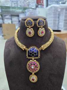 Indian Bridal Meenakari Brass <b>Necklace</b> Set | Antique Gold Plated Pink <b>Ruby</b> Stone Fine Jewelry with Earrings for Party Occasions - Product Image 1