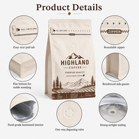 Sachets de café à fond plat personnalisés avec valve et fermeture éclair, emballage mat en plastique, 100g, 125g, 250g, 500g
