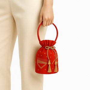 Elegante Bolso Tipo Cubo con Cordones, Diseño Geométrico Jamdani, Hecho a Mano con Cachemira, Ecológico, Ligero, Estilo Bohemio Vintage, para Compras Navideñas - Product Image 5