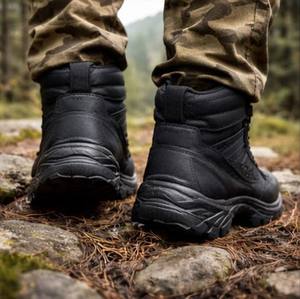 Bottes de travail en cuir pour hommes, à lacets, coupe large, style tactique, chaussures de travail d'extérieur, noir et sable - Product Image 2