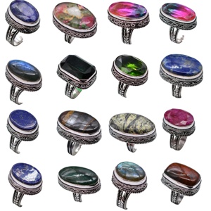 Bulk Lot Vintage Oval Natural Gemstone <b>Rings</b> Sterling Silver Plated Women <b>Chunky</b> Wedding Jewelry - Product Image 1