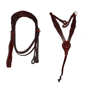 Ensemble de têtière, peitorale et rênes en cuir marron, style western, pour cheval, avec ornements faits main motif 'Basket Wave', ferrures en acier inoxydable, confortable et durable, d'inspiration indienne. - Product Image 1