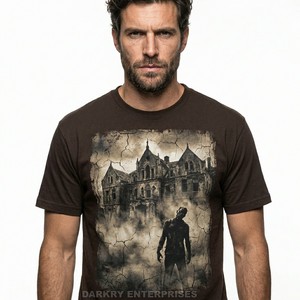เสื้อยืดผู้ชายสีน้ำตาลลายกราฟิกวินเทจลายบ้านผีสิง ผ้าฝ้าย สไตล์ดาร์กสตรีทแวร์ลำลอง แขนสั้น - Product Image 1