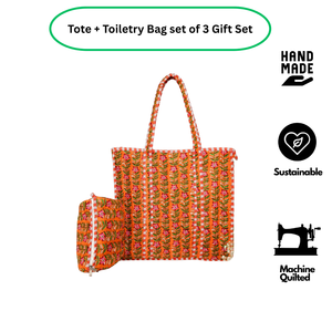 Tote + Toiletry <b>Bag</b> Set 3 Orange Floral Jaipur Zipper Machine Quilted Sustainable Handmade Cotton Summer Shopping Gift Set - Product Image 2