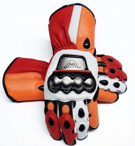 Guantes de Motociclismo de Cuero Genuino Naranja y Blanco de Primera Calidad, Protección de Nudillos Metálicos, Guante Largo para Motocicleta - Product Image 2