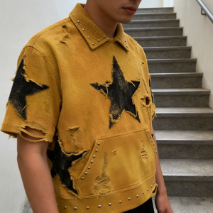 Streetwear Clothing Custom HeavyWeight Boxy Fit Tee <b>Patchwork</b> Embroidery Oversized Corduroy T <b>Shirt</b> With Rivets for Men - Product Image 3
