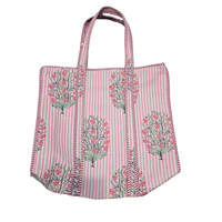 Sac fourre-tout artisanal à rayures florales imprimé au bloc de Jaipur pour l'été et l'automne + Trousse de toilette assortie avec fermeture éclair en pur coton écologique