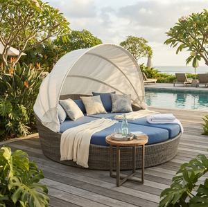 Cama de día redonda de ratán de lujo para exteriores con toldo retráctil, tumbona impermeable para jardín, patio, piscina, salón de ocio moderno - Product Image 5