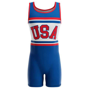 Combinaison de lutte imprimée blanche et bleue pour jeunes et hommes, uniforme de lutte en spandex, combinaison de musculation avec logo d'équipe, combinaison de gym - Product Image 1