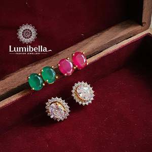 18K Gold Plated Oxidized Polish Vintage Oval Multi Stud Charm Earrings with Pearl and Diamond Casual - Product Image 1